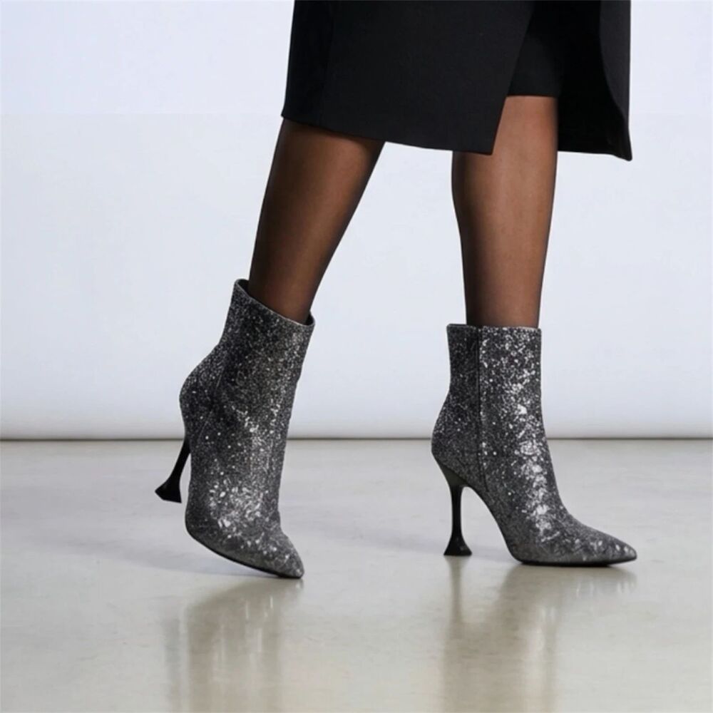 Marc Fisher Stolla Boots Sz 9.5 M Silver Glitter Glam Party Disco Whimsy Fairy